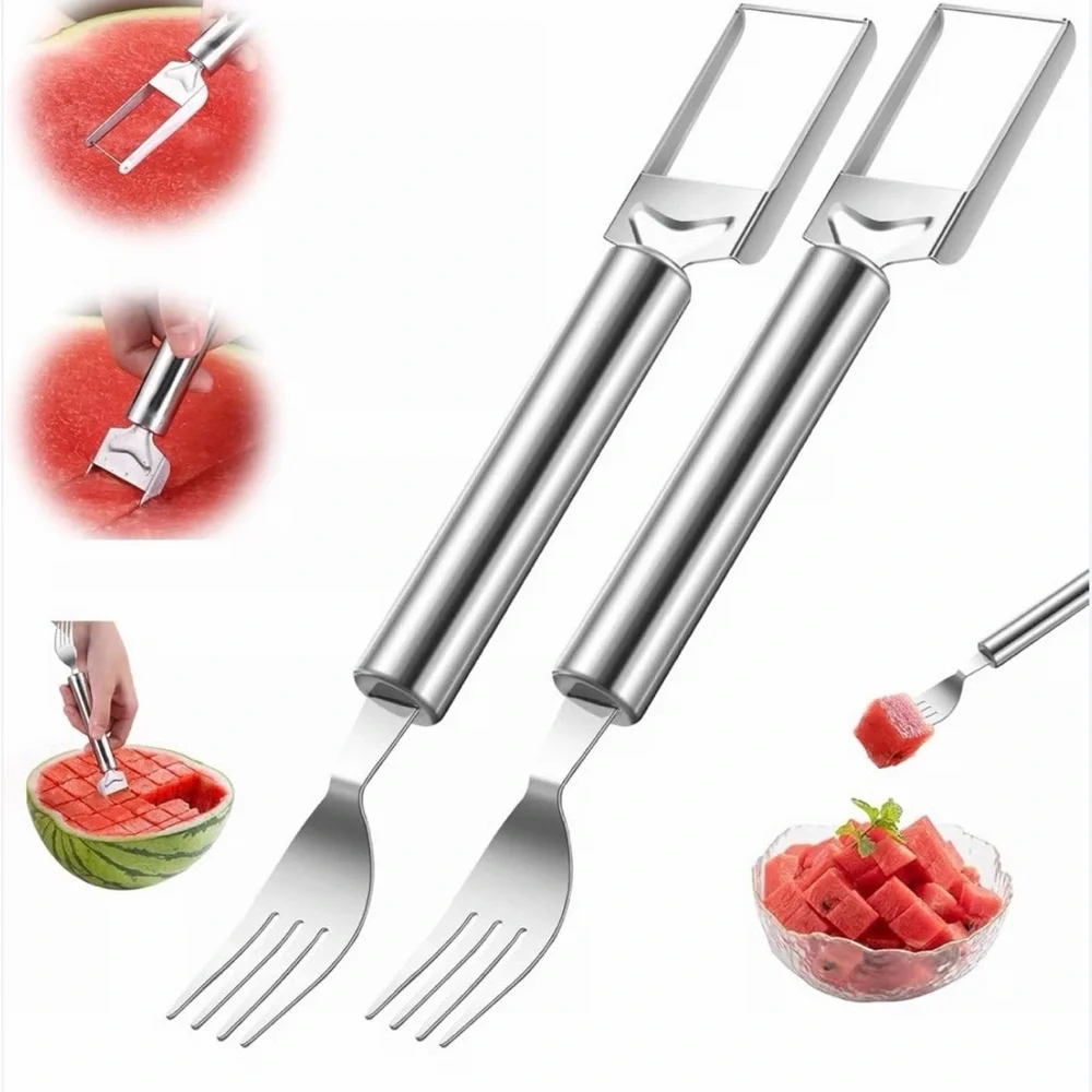 2-Pc Stainless Steel 2-in-1 Watermelon Cutter and Fork NIB